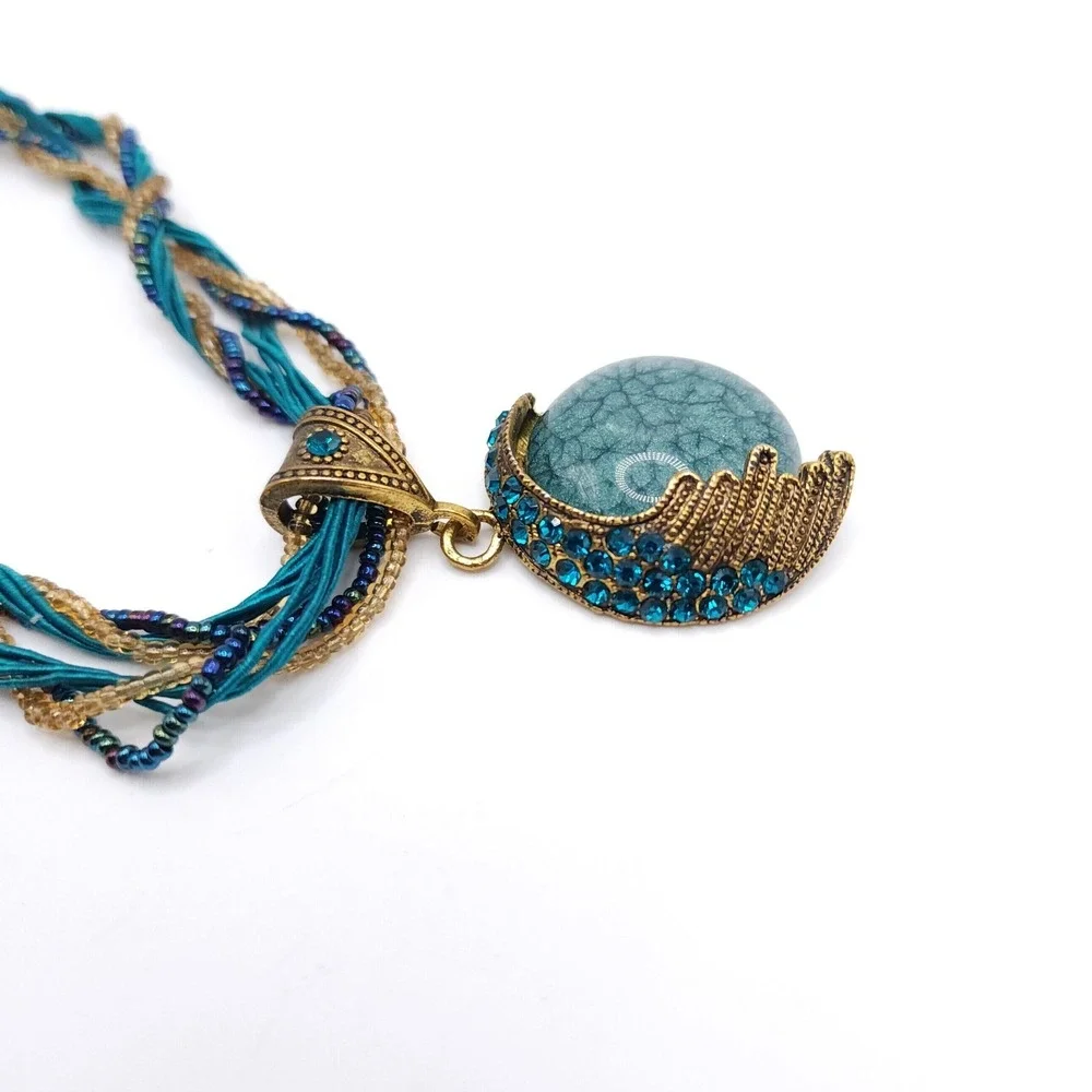 Turquoise Cord Necklace Blue Orb Pendant Crystal Crescent Statement Coastal Glam